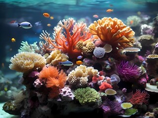 coral reef and coral under ocean clear water aquarium life