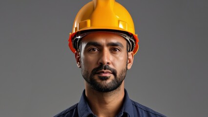 Portrait of an engineer in a protection helmet on a grey background
