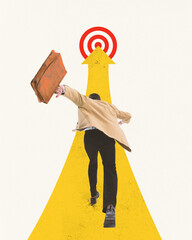 Contemporary art collage. Contemporary art collage. Young man in retro outfit running with to target circle symbolizing achieving goals. Concept of business, career, employers, team. Copy space for ad