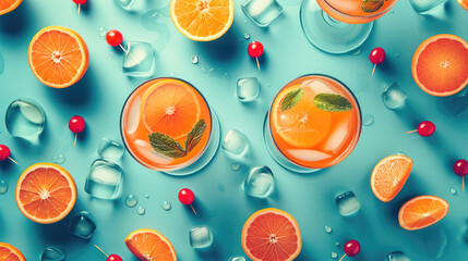 A blue background with a lot of oranges and ice cubes. Two Bacardi cocktail glasses decorated with mint leaves. High angle view with copy space. Ai generated - Powered by Adobe