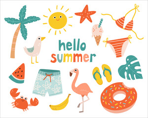 Set cute summer holiday beach elements. Hello summer lettering. Cartoon vector illustration isolated on white background.