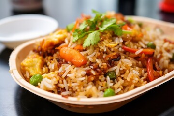 Tempting fried rice on a plastic tray against a rice paper background