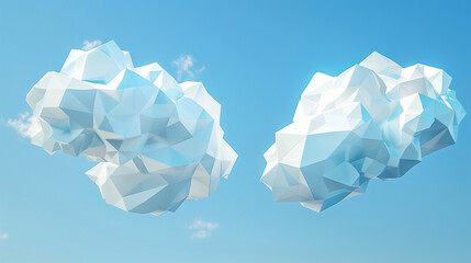 Two stylized 3d clouds with a polygonal design floating against a clear blue sky - might be a symbol for cloud computing