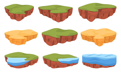 Set of flying islands in cartoon style. Game interface resources, background for location, element....