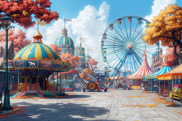 A colorful painting featuring a lively carnival scene with a prominent ferris wheel in the background circus - obrazy, fototapety, plakaty