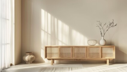 A white wall with an empty sideboard in the foreground