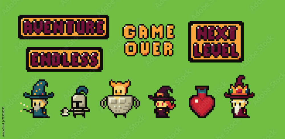 Poster set of minimalistic pixel art vector objects isolated. pixel game buttons. video nostalgic game pixe