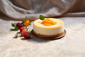Obraz na płótnie Canvas Juicy cheesecake on a marble slab against a rice paper background
