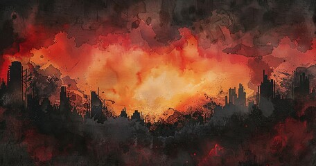 a dark and moody abstract watercolor matte painting of a twighlit sky of deep reds and oranges. In the foreground the silhouette of a civilization constructed from discarded rubbish