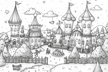 Obraz premium Intricate illustration of a castle in striking black and white coloring pages for kids