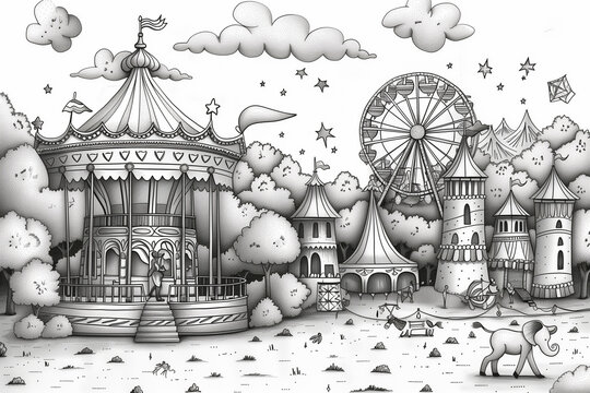 Monochrome illustration of a lively circus with various attractions and performers coloring pages for kids
