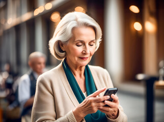 Elegant senior woman walking on street using smartphone. Close up portrait. - 775054521
