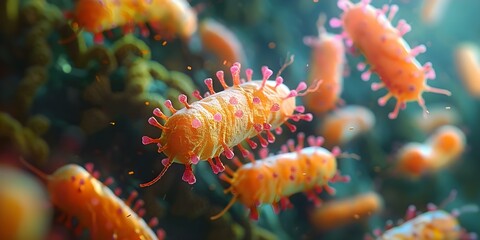 Fototapeta premium Closeup of probiotic bacteria in the stomach including Escherichia coli aiding in digestion and promoting health. Concept Probiotic Bacteria, Escherichia Coli, Digestive Health, Stomach Microbiome