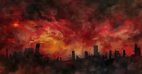 a dark and moody abstract watercolor matte painting of a twighlit sky of deep reds and oranges. In the foreground the silhouette of a civilization constructed from discarded rubbish - obrazy, fototapety, plakaty