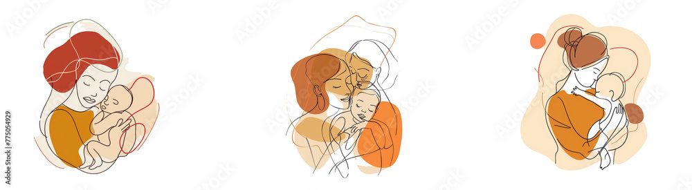 Poster abstract mother with a child in continuous one line drawing art style. mother`s day card