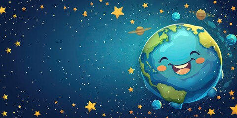 Fototapeta premium Happy earth in space with stars and planets illustration, Earth Day banner with copy-space