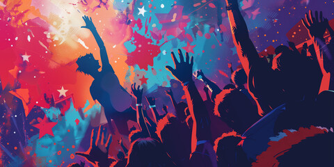 A crowd of people enthusiastically raising their hands at a concert banner