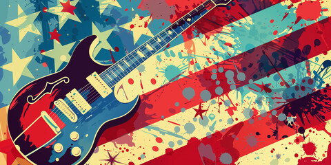 A guitar stands against an American flag background, symbolizing patriotism and music banner