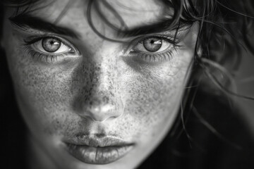 Obraz premium A striking black and white portrait highlighting the intense gaze of a young woman, with detailed freckles adding to the dramatic effect