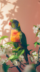 A colorful bird standing on a branch of a tree with white flowers in bloom, brightly colored bird, sunlight shining on the bird, pink wall, minimalist scene