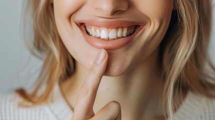 Woman point finger to showing healthy gums