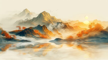 A heart-warming golden mountain landscape with soft soft lines with an ethereal touch against a pale white sky with a touch of gold and silver in the background,