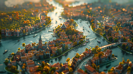 An aerial view of a network of canals and waterways crisscrossing a vibrant city - obrazy, fototapety, plakaty