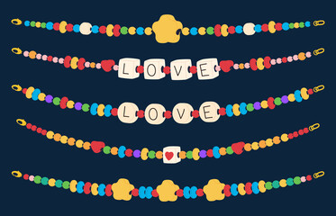 A collection of beaded necklaces in a cartoon style. Beadwork, handmade. Child bracelet with...