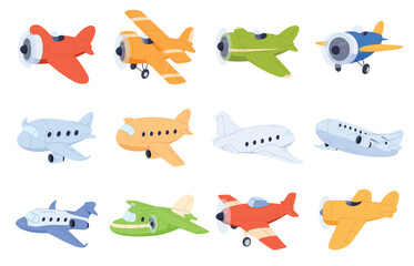 Set of airplanes in cartoon style. Cute colorful air transport. Beautiful baby illustration. Vector illustration