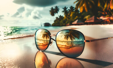 Fototapeta na wymiar Pair of stylish sunglasses with mirrored lenses reflecting tropical beach scene
