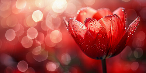A single red tulip adorned with sparkling dew captures the essence of a dewy morning with a soft red bokeh background - obrazy, fototapety, plakaty