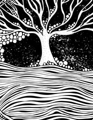 Lonely tree, night, moon. Hand-drawn, ethnic, floral, retro, doodle, vector, zentangle tribal design element. Mandala. Pattern for coloring book
