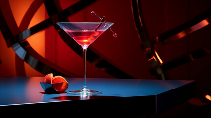 Cocktail. Verre à cocktail, boisson alcoolisée. Arrière-plan ambiance tamisée soirée, bar, boîte de nuit. Alcool, boire, fête. Avec espace vide de composition. Pour conception et création graphique.