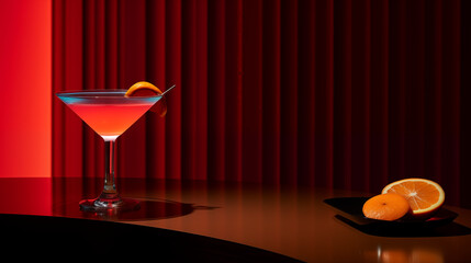 Cocktail. Verre à cocktail, boisson alcoolisée. Arrière-plan ambiance tamisée soirée, bar, boîte de nuit. Alcool, boire, fête. Avec espace vide de composition. Pour conception et création graphique.