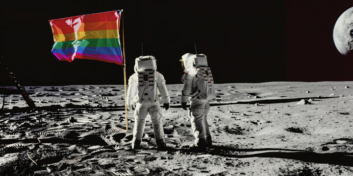 Astronauts land on the moon and place an LGBT flag on it. Adventure with equal rights