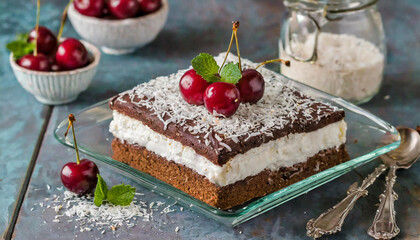 Cake in a square glass dish with grated coconut and cherry on top.