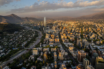 Beautiful aerial view of the city of Santiago de Chile, the Mopocho river, the Sky Costanera 