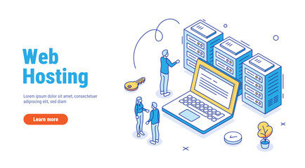 Web hosting or server outline isometric. Web hosting service with cyber security technology concept. Character staying near laptop and managing files and data on cloud web server. - obrazy, fototapety, plakaty