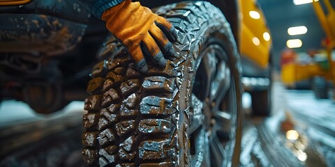 A man fixing a tire at an auto repair shop holding a tire Creative banner for car repair shop. Concept Mechanic in Action, Tire Repair Experts, Professional Auto Services, On-the-Spot Fixes