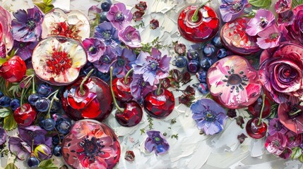 Obraz na płótnie Canvas A painting of flowers and fruit on a table