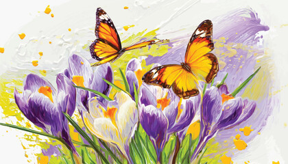 Oil Painting: Graceful Crocuses and Butterflies in Delicate Detail 