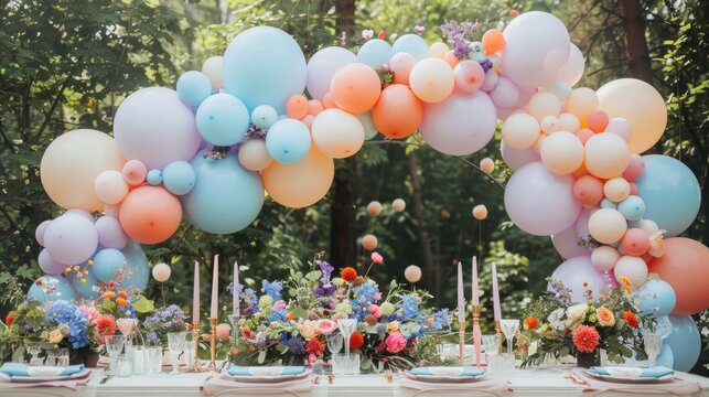 A table topped with lots of colorful balloons