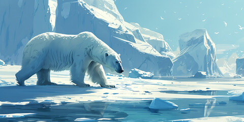 A polar bear strolls across icy terrain in its habitat Global warming banner - obrazy, fototapety, plakaty