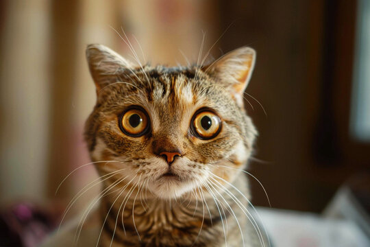 Photo of a funny cat with a surprised expression on his face, as if he saw something amazing.
