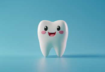 Funny tooth character 3D style. Cute kawaii mascot blue background. Banner for dentists copy space. Generative AI
