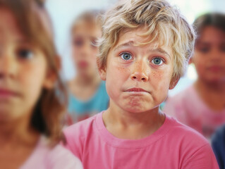 A worried anxious cute blond kid boy looking bothered at the camera in a classroom at school.