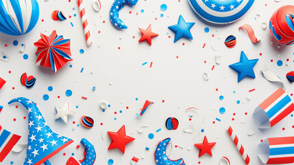 Fototapeta premium Red, white, and blue balloons and streamers decorating a white background banner