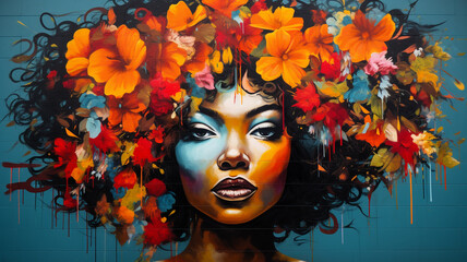  A striking mural of a black woman adorned with vibrant colors, set against a backdrop of urban decay