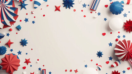 Red, white, and blue decorations symbolizing Independence Day on a white background banner