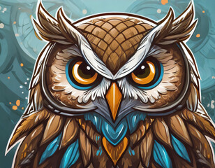 Drawing of a brave owl, staring. colorful imitating cartoon and vector style.